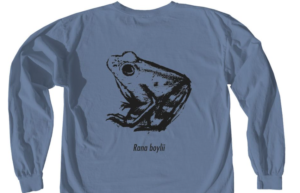 long sleeve tshirt that is blue jean colored with a sketch of a foothill yellow-legged frog on the back of the shirt. Below the sketch is the text 'Rana boylii'